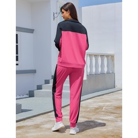 Marvmys Ladies Cotton Track Suit Sets Zip Front Sweatsuit Jogger Set Color Block Jogging Suits Travel Outfits
