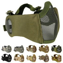 AOUTACC Airsoft Mesh Mask, Half Face Mesh Masks with Ear Protection for CS/Hunting/Paintball/Shooting (Mesh Ear, OD)