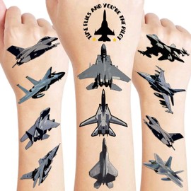 8 Sheets (96PCS) Fighter Jet Temporary Tattoos Themed Birthday Party Supplies Decorations Favors Stickers For Kids Boys Girls Gifts Classroom School Prizes Rewards