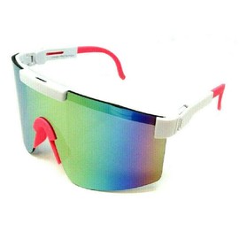 Dweebzilla Pensacola Semi Rimless Wrap Around One Piece Shield Lens Sporty Sunglasses (White & Pink Frame, Pink Green Flash Mirror Lens)