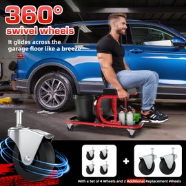 Rolling Shop Stool Chair with Wheels, Mechanic Garage Stool on Wheels, Auto Car Detailing Stools Seat with Tool Tray Storage for Garage Work, Workshop, Home, Garden, DIY, 300 LBS Capacity,Red