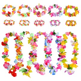 Set of 5 Hawaiian Flower Necklaces, Hawaii Chain Flower Garlands with Hawaiian Bracelet and Headband for Dress, Party Favours, Beach and Themed Birthdays