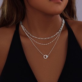 Layered Silver Necklaces for Women Dainty 925 Sterling Silver Plated Stack Trendy Double Diamond Circle Pendant Choker Necklace Simple Paperclip Chain Jewelry Set Gifts for Women