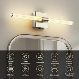 L LOHAS LED Battery Operated Wall Sconces Set of 2, 10000mAh Nickel Battery Wall Sconce, 3000K Dimmable Wireless Wall Light, 360° Full Lighting, Sconce Wall Decor for Bedroom, Living Room, 24in