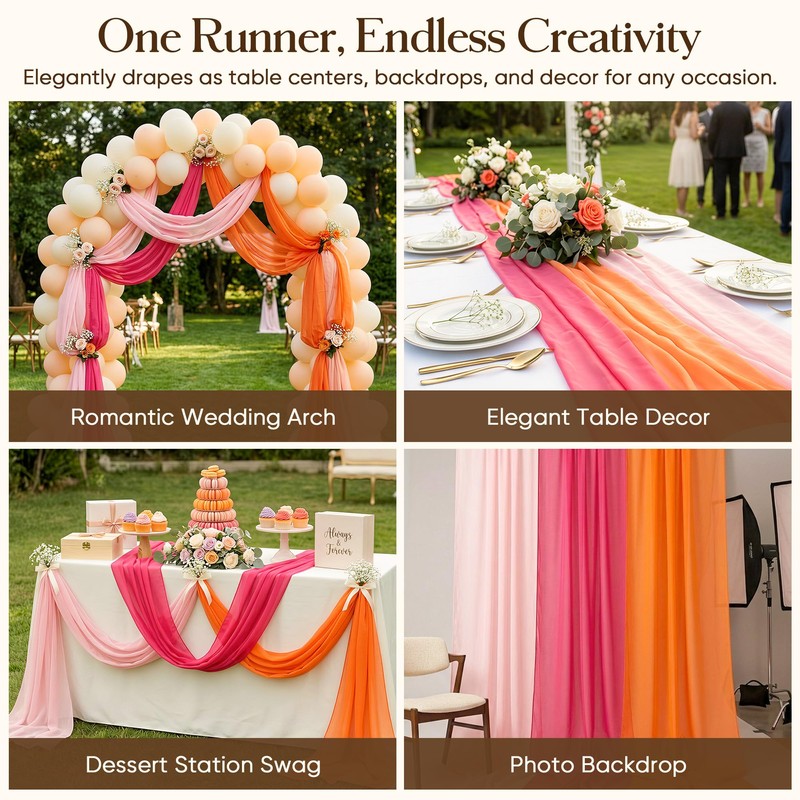 3 Pcs 10FT Sunset Table Runner Set, Pink and Orange