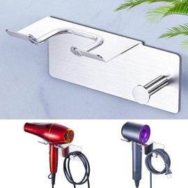 WAYASI Blow Dryer Holder Wall Mounted, Adhesive Hair Dryer Holder Wall Mount, Hairdryer Holder for Bathroom, Salon Hair Tools Organizer Storage, Silver