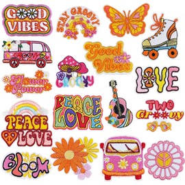 Qpout Pack of 17 Hippie Patches Iron on Vintage Patches Groovy Boho Peace Sign Embroidered Repair Decoractive Patches Kit for Sewing on Clothes Backpack Jackets Jeans Shirt DIY Crafts