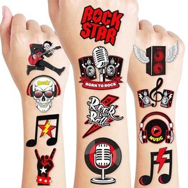Born To Rock N Roll Rocks Tatuajes Temporales Banda De Música Temática Fiesta De Cumpleaños Decoraciones Favores Suministros Decoración 90Pcs Rockstar Guitarra Tatuaje Pegatin
