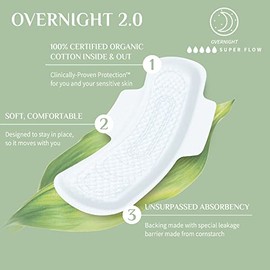 Organyc - almohadillas para orejas femeninas para toda la noche de algodón orgánico 100% certificadas, flujo más pesado, súper absorbencia 2.0, 7 unidades