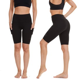 AMIYOYO Radlerhose Damen mit Taschen High Waist Sporthose Kurze Leggings Blickdicht Sportshorts Dehnbar Hotpants Bequem für Sommer Yoga Fitness Gym(A-Schwarz,S-M=DE34-40)