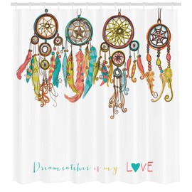 Ambesonne Prehistoric Shower Curtain, Colorful Dreamcatchers Design Elements Print, Cloth Fabric Bathroom Decor Set with Hooks, 69" W x 84" L, White Coral