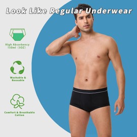 PurityLock Men's Washable Incontinence Underwear, Cotton Incontinence Underwear with Fly, Reusable Leak Proof Underwear for Men, Front & Rear Protection 150 ml Absorbency (2 Pack, L, Black/Blue)
