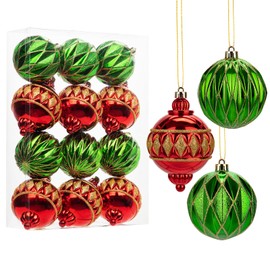 Hollyone 12PCS Gold-edged Christmas Baubles, 8CM/3.1’’ Red & Green Xmas Balls for Tree Decorations, Glitter Christmas Balls Holiday Hanging Ornaments, Tree Balls for Wedding, Party, Table
