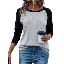 Hilinker Women's Color Block Tops Raglan Long Sleeve Tees Curved Hem Casual Loose T Shirts Black Grey Medium