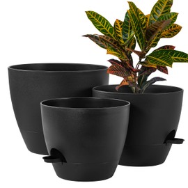 FaithLand 3-Pack Large Planter Pots, 12 10 9 Inch Self Watering Flower Pots for Indoor Outdoor Garden Plants, Black
