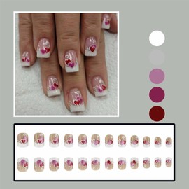 LBPEPAMZ 24Pcs Valentine's Day Press on Nails Short Square Fake Nails with Pink Red Glitter Heart Designs White French Tips Acrylic Nails False Nails Silver Bling Full Cover Stick on Nails for Women