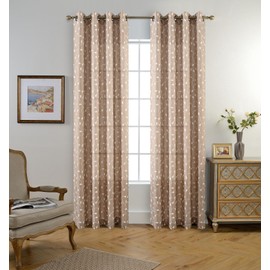 MIUCO Floral Embroidered Semi Sheer Curtains Faux Linen Grommet Curtains for Living Room 52 x 84 Inch 2 Panels Set, Taupe