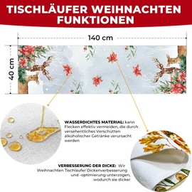 Cirzone Waterproof Table Runner Christmas 40 x 140 cm Table Decoration Christmas Flowers and Deer Winter Christmas Table Runner Christmas Decoration for Holiday Party Indoor and Outdoor Use
