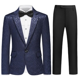 Lamgool Tuxedo Suits for Boys Floral Jacquard Kids Formal Outfit 4-Piece Set Size 10 Navy Blue Blazer Pants White Shirt Bow Tie Prom