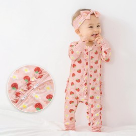 LITTLE JAMJAMS Strawberry Sweetie Ruffled Zippered Viscose from Bamboo One-Piece Ultra Soft Baby Clothes for Girls and Boys Footless Sleepers Rompers Pink 12-18M