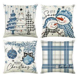 Christmas Cushion Covers Set Of 4, 45 x 45cm Christmas Pillow Cases Blue Christmas Decorations Cushion Covers, Snow Pine Tree Decorative Christmas Design Cushion Covers For Throw Pillow, Sofa, Bedroom
