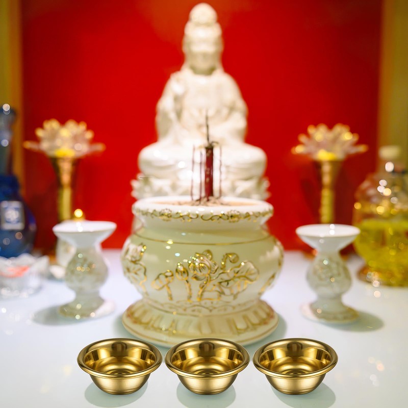 7Pcs Golden Buddhist Offering Cups - Copper Water Bowls for