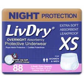 LivDry Adult Incontinence Underwear, Overnight Comfort Absorbency, Leak Protection, X-Small (88 Count)