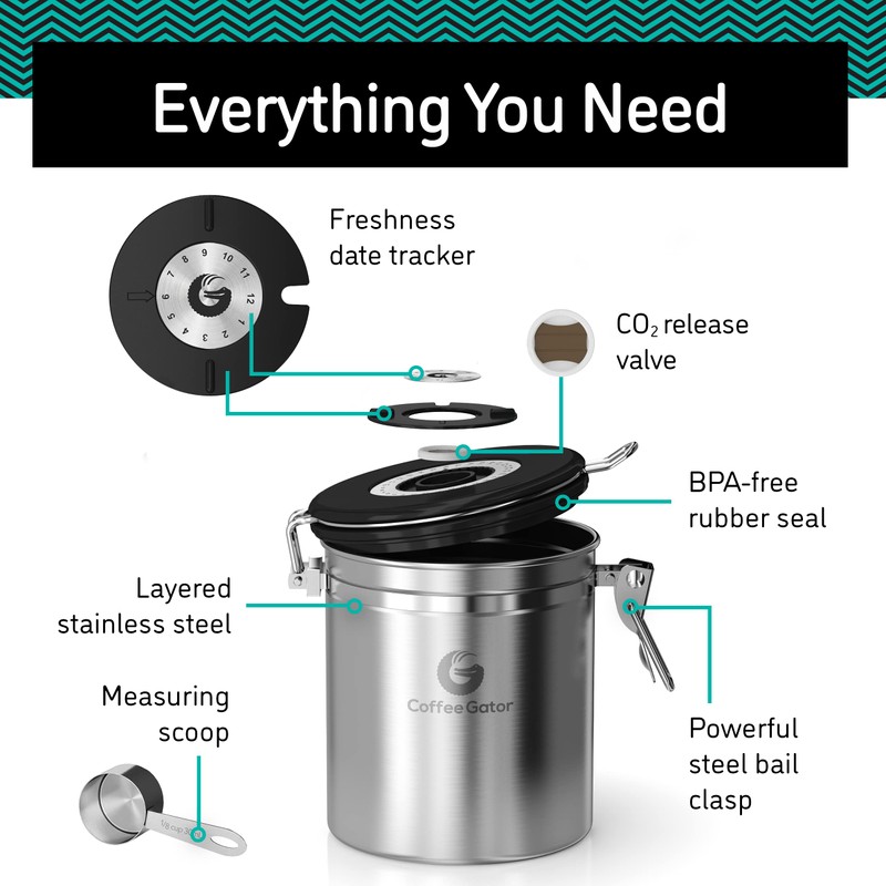 Coffee Gator Stainless Steel Coffee Grounds and Beans Container Canister