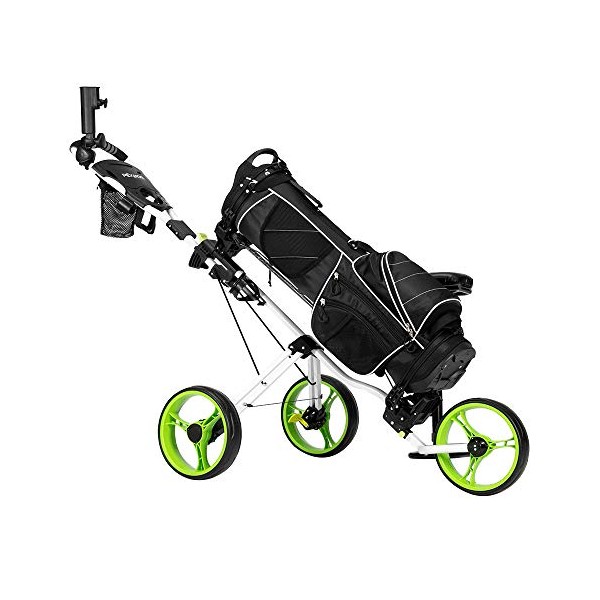 Bonnlo Golf Push Pull Cart, Collapsible 3 Wheels Golf Trolley with PU Seat, Foot Brake, Umbrella Holder, Scoreboard Bag & More (Green)