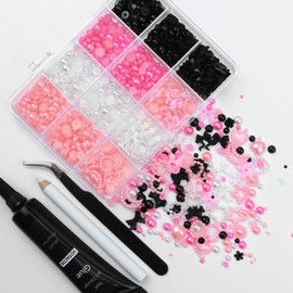 VOTACOS Flatback Nail Art Pearls 3D Heart Bow Nail Charms with Nail Rhinestones Glue Gel Black Pink Colorful Nail Gems Supplies 2-6mm Mixed Sizes Nail Pearls for Women Acrylic Nail Decor