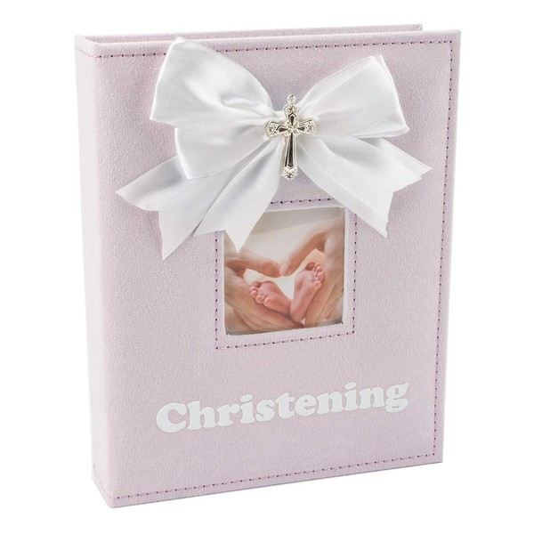 White Faux-Silk Double Bow and Silver Plated Cross Christening Photo Album in Pink - Holds 60 6x4 Pictures - Gorgeous Christening Gift Idea for Baby Girl by Happy Homewares