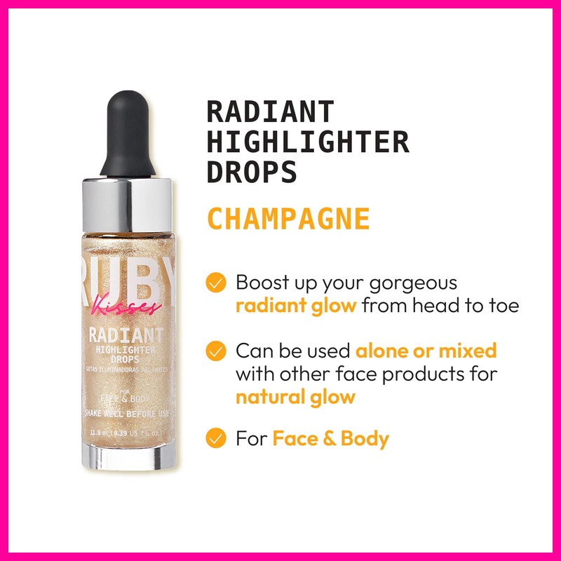 Ruby Kisses Radiant Drops, Shimmer Liquid Highlighter Makeup, Smooth Illuminator