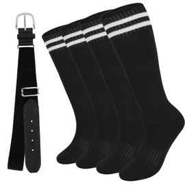 Uintoon Baseball Socks and Belt Combo Set for Youth, Black Elastic Softball Soccer Sock and Adjustable Belt Combo for Youth Boys Girls School Sports (2 Pairs of Socks with 1 Belt)
