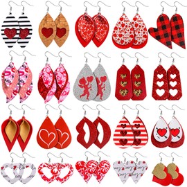 20 Pairs Valentine's Day Leather Earrings for Women Lightweight Faux Leather Teardrop Dangle Earrings Heart-Shaped Print Drop Earrings Set for Valentine's Day Wife Mom Girlfriend