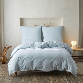 Simple&Opulence Bed Linen 2-Piece 100% Washed Cotton Soft and Comfortable Sleeping Comfort Oeko-Tex Certified Duvet Cover and 1 Pillowcase (135 x 200 cm, 1 x 80 x 80 cm, Ice Blue)