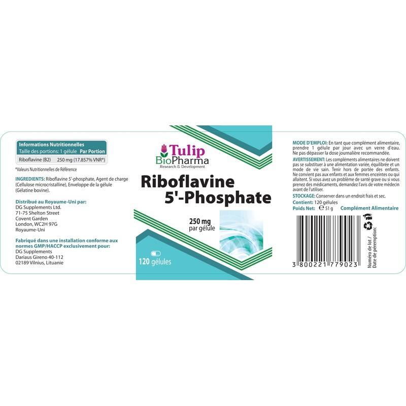 Tulip BioPharma Vitamin B2 (Riboflavin 5'-Phosphate) 250mg 120 Capsules, 3rd