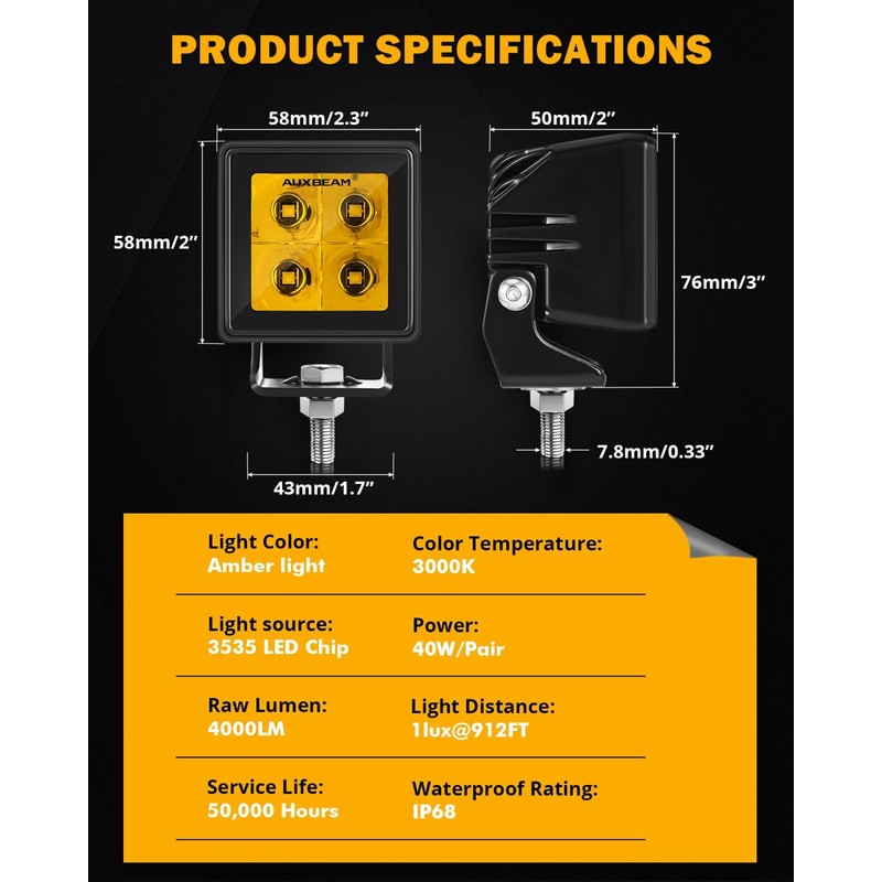 Auxbeam 2 Inch LED Pod Lights Amber Fog Light Off