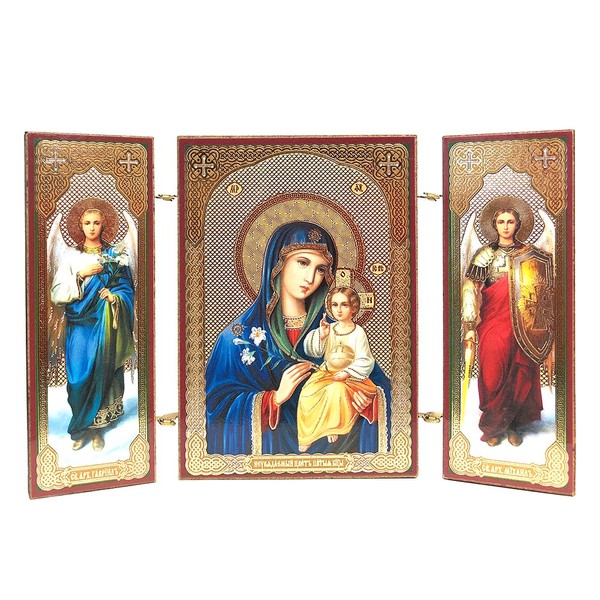 Christ Virgin Mary Eternal Bloom Icon Triptych with Archangels Saints St Michael and Gabriel 3 3/8 Inch