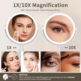 Makeup Mirror with Lights, 1X/10X LED Magnifying Vanity Mirror, HD Lighted Mirror for Desk, 3 Color Lights Adjustable Brightness, 360° Rotation 2-Sided 7.6" Dorm Room Mirror, Women Birthday Gifts