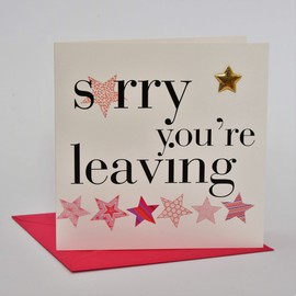Claire Giles Greeting Cards, Sorry You're Leaving Card, Retirement Card, Pink Stars Design Embellished with a Padded Star