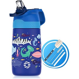 Fjbottle Kids Water Bottle For School, One-Click Open Stainless Steel Insulated Water Bottle With Straw Lid - Leakproof Bpa Free Water Bottle For Girls Boys | 12oz, Ocean