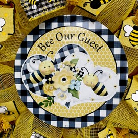 Bee Our Guest Spring Summer Welcome Wreath Handmade Deco Mesh Available in 24 inch and 28 inch diameters