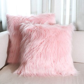 Hodeco Decorative Faux Fur Throw Pillow Covers 18x18 Inch Luxury Long Fur Mongolian Fluffy Soft Cushion Cover Plush Floor Pillow Case for Couch Bedroom Square Pillow Cover 45x45CM, Pink 2 Pack