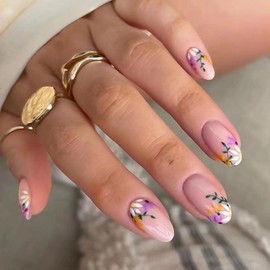 RikView French Tip Press on Nails Medium Acrylic Nails with Flowers Design Almond Fake Nails Nude Nails for Women