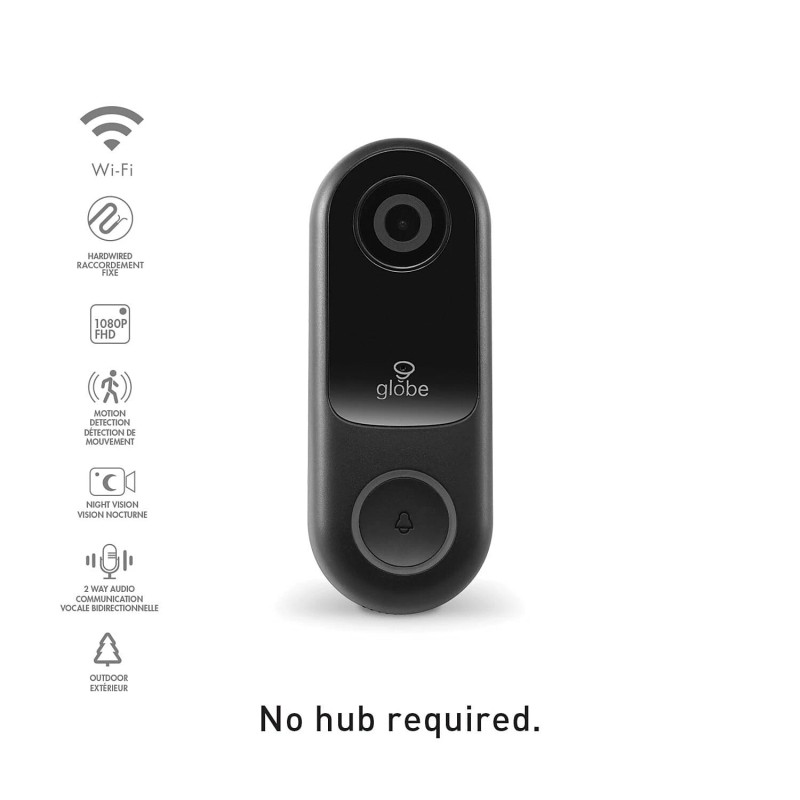 Globe Electric Wi-Fi Smart Video Doorbell, Hardwired, No Hub Required,