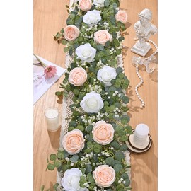 Waipfaru 6.07FT Artificial Eucalyptus Garland with Flowers, Fake Rose Gypsophila Garland, Greenery Garland Floral Vines for Wedding Table Backdrop Party Centerpiece Room Decor (Champagne)