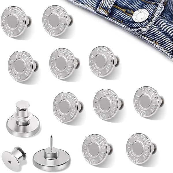 10 Pcs Replacement Jean Buttons, 17mm Replacement No Sew Removable Metal Jeans Buttons, Adjustable Jean Button Pins, for Jackets, Clothes, Denim Skirt, DIY Crafts, Clothing Repairing Silver (#22)