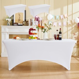 Fantastshop 2 Pack 6ft Stretch Spandex Table Cloth for Rectangular Tight Fitted Events - Washable and Wrinkle Resistant Table Cover for Party Wedding Birthday Patio Cocktail Banquet Festival, White