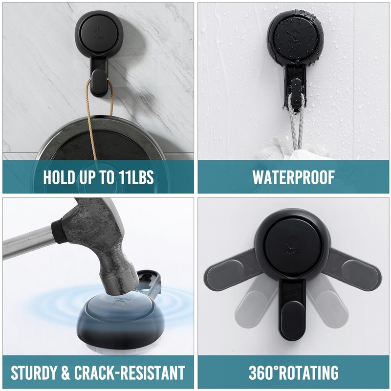TAILI Black Bathroom Suction Hooks with Vacuum Suction Cups- No