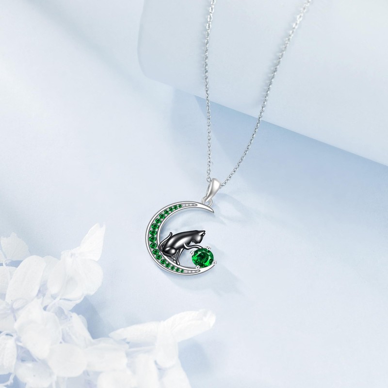HKPATOP Black Cat Necklace Sterling Silver May Birthstone Necklace Cat
